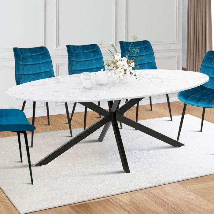Mesa de comedor ovalada - mármol blanco metal negro - 200 cm