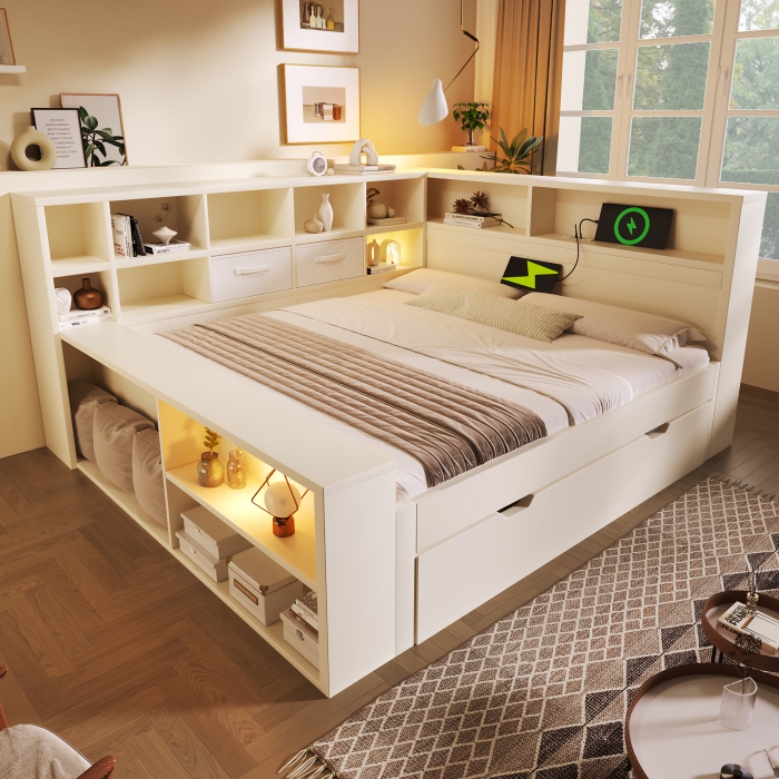 Cama con almacenaje 140x200 cm con carga usb y tipo c madera blanco