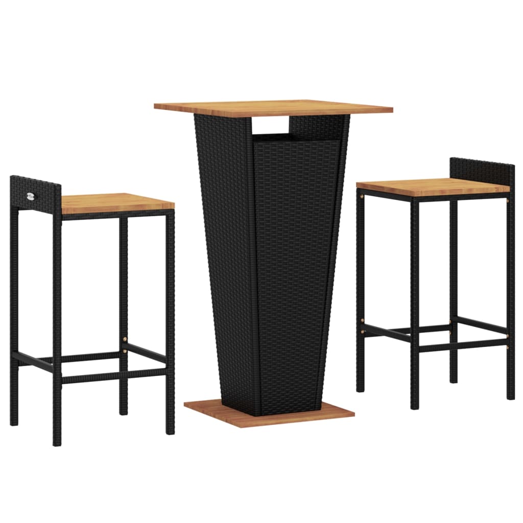 vidaXL mesa bar y taburetes jardín 3 pzas madera acacia ratán pe negro