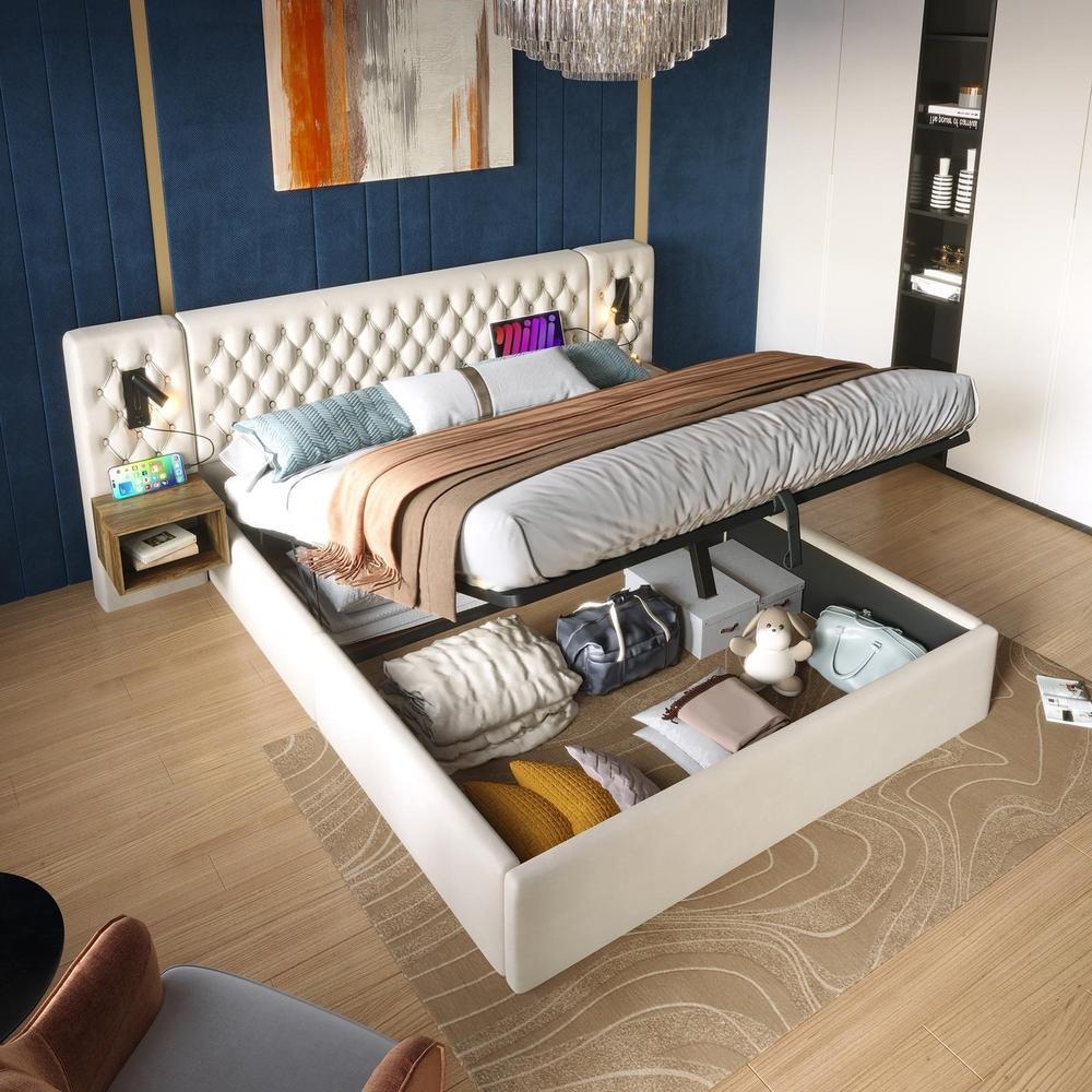Cama hidráulica 160x200cm, 2 mesitas, luz y usb, beige, sin colchón