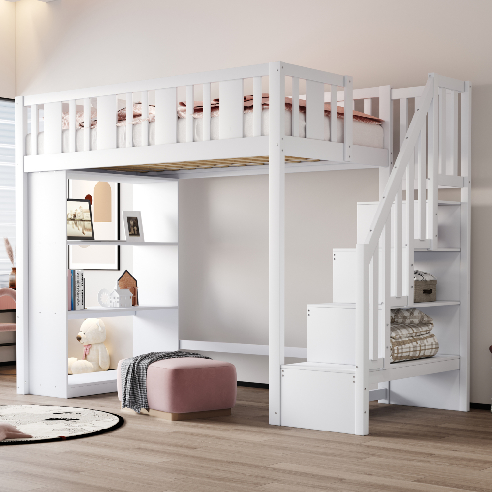 Cama alta 90x200cm escalera de almacenaje y compartimentos madera – blanco
