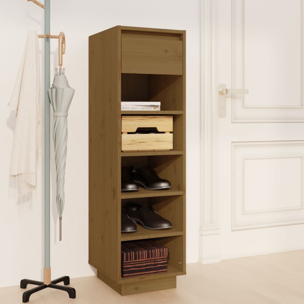 Mueble zapatero de madera maciza pino marrón miel 30x34x105 cm
