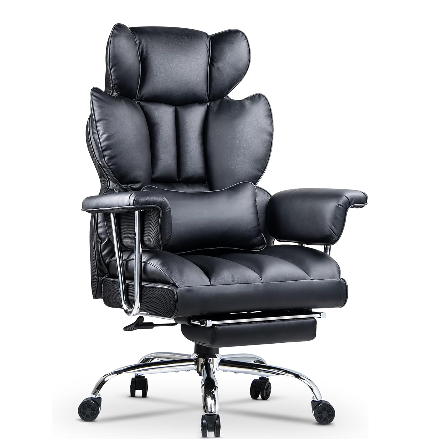 Silla de oficina de cuero con respaldo alto y reposapiés, negra