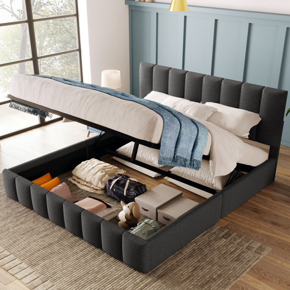 Cama 140x200cm con cabecero ajustable y base con almacenaje en lino gris