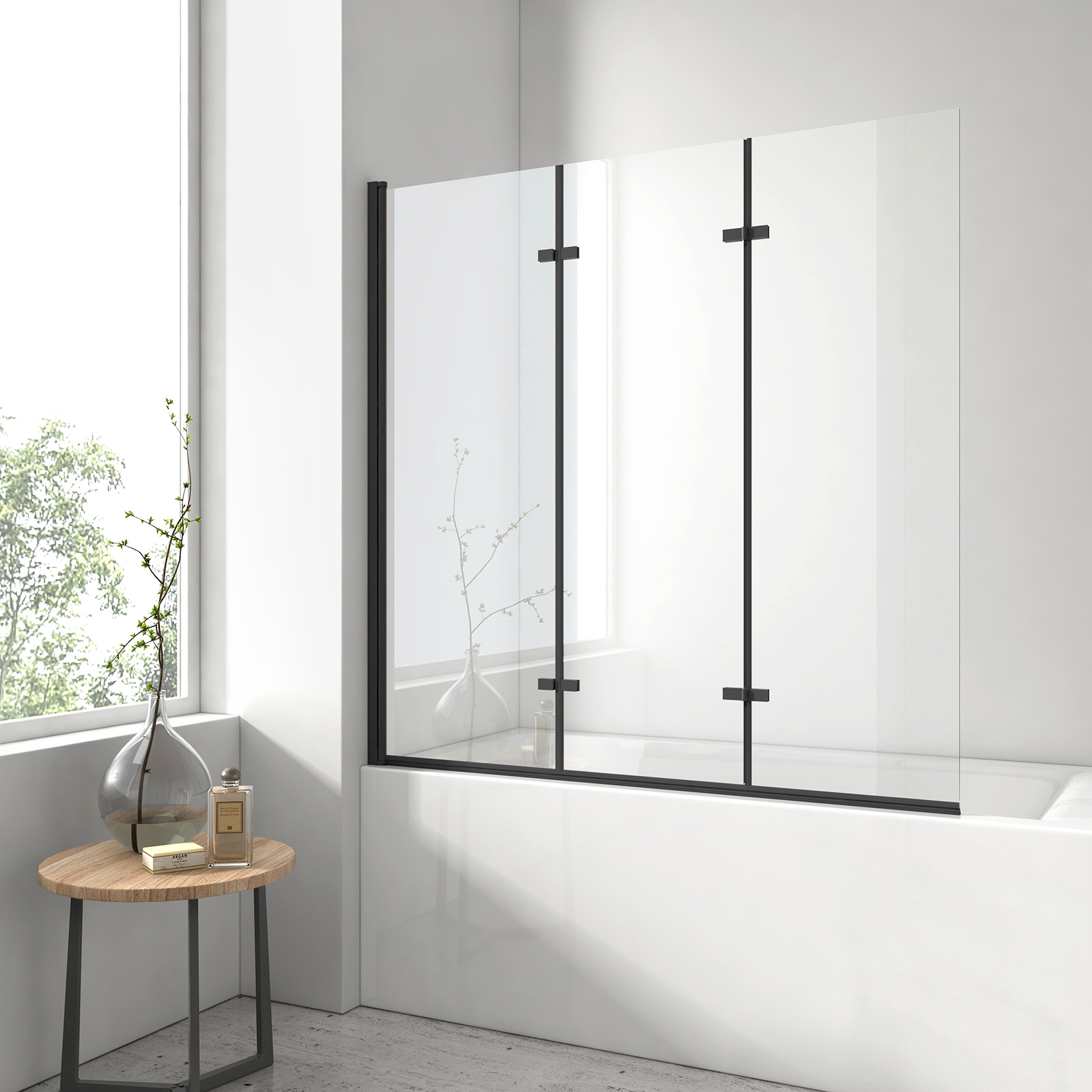 Emke mampara bañera plegable negra mate 3 paneles 120x140 cm vidrio 6 mm