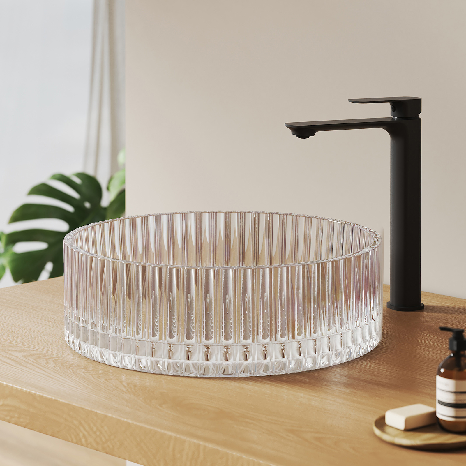 Emke lavabo redondo de encimera de vidrio templado 40cm, efecto tornasolado