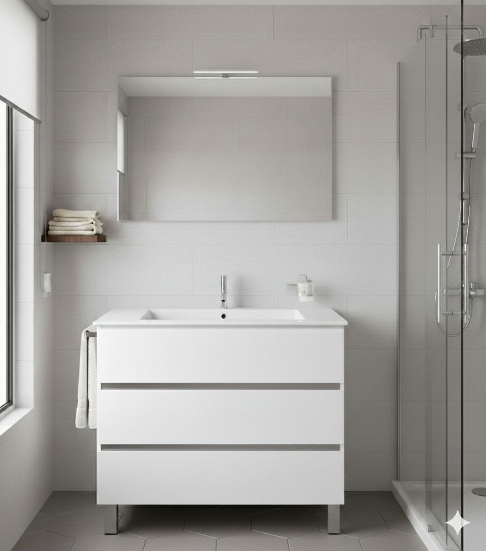 Mueble de baño balder, lavabo y espejo blanco brillo 90x40 cm
