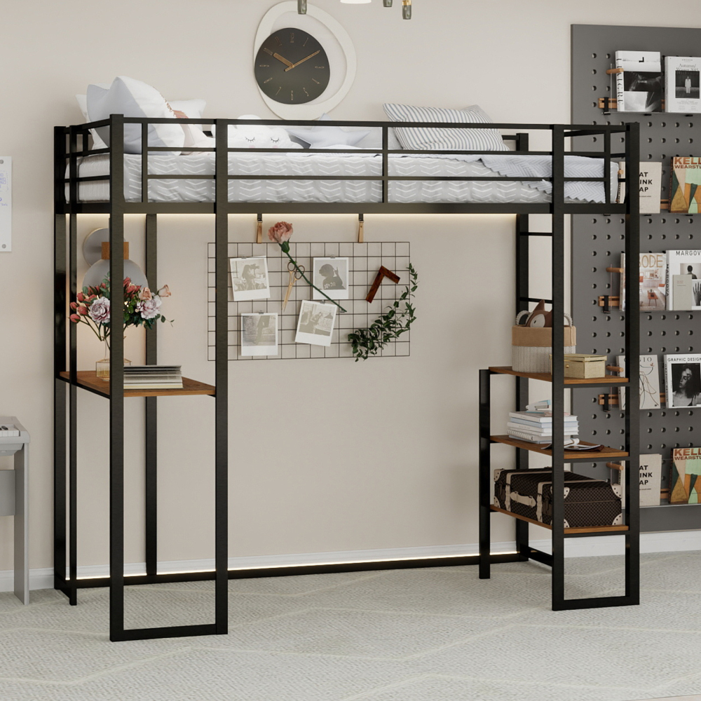 Litera con escritorio en l y escalera reversible de hierro – negro