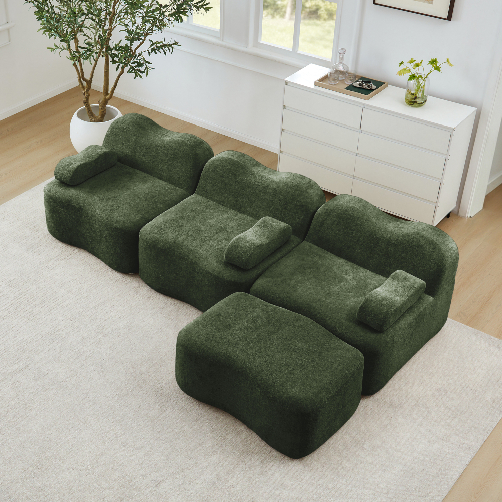 Sofá en l modular de terciopelo verde 3 plazas con otomana asiento profundo