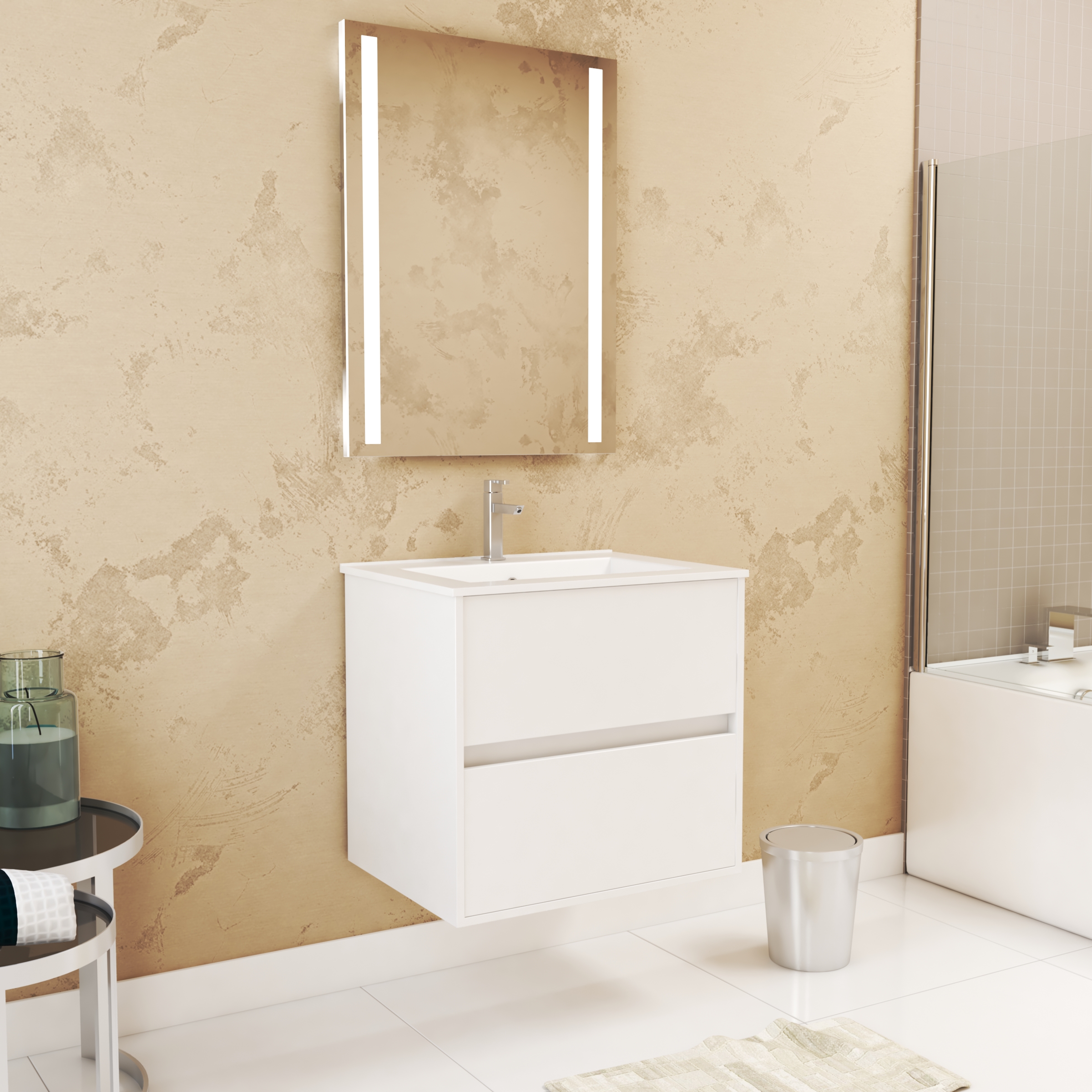 Pack mueble 60 cm blanco 2 cajones + lavabo + espejo LED doble