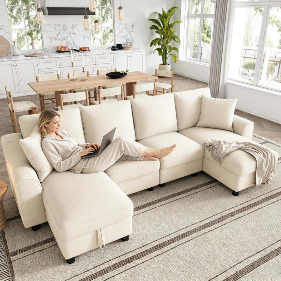 Sofá en u chenilla beige 4 plazas con 2 chaise longue y almacenaje