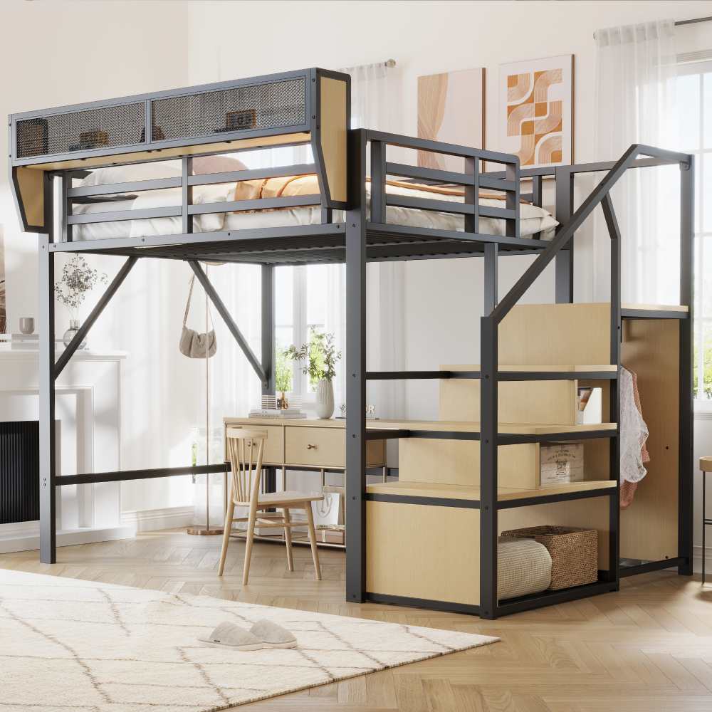 Cama alta juvenil 140x200cm con compartimentos y armario metal – negro