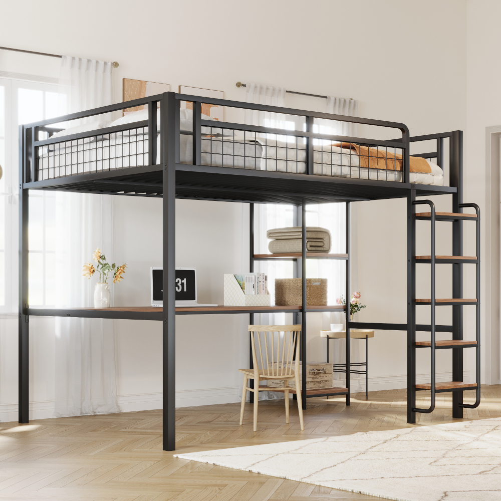 Cama alta 140x200cm escritorio, estantes, escalera de seguridad metal negro