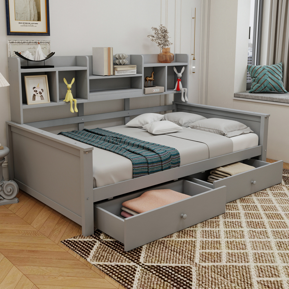 Sofá cama 90x200 cm con cajones y estantería madera – color gris