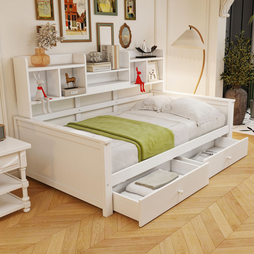 Sofá cama 90x200 cm con cajones y estantes madera – color blanco