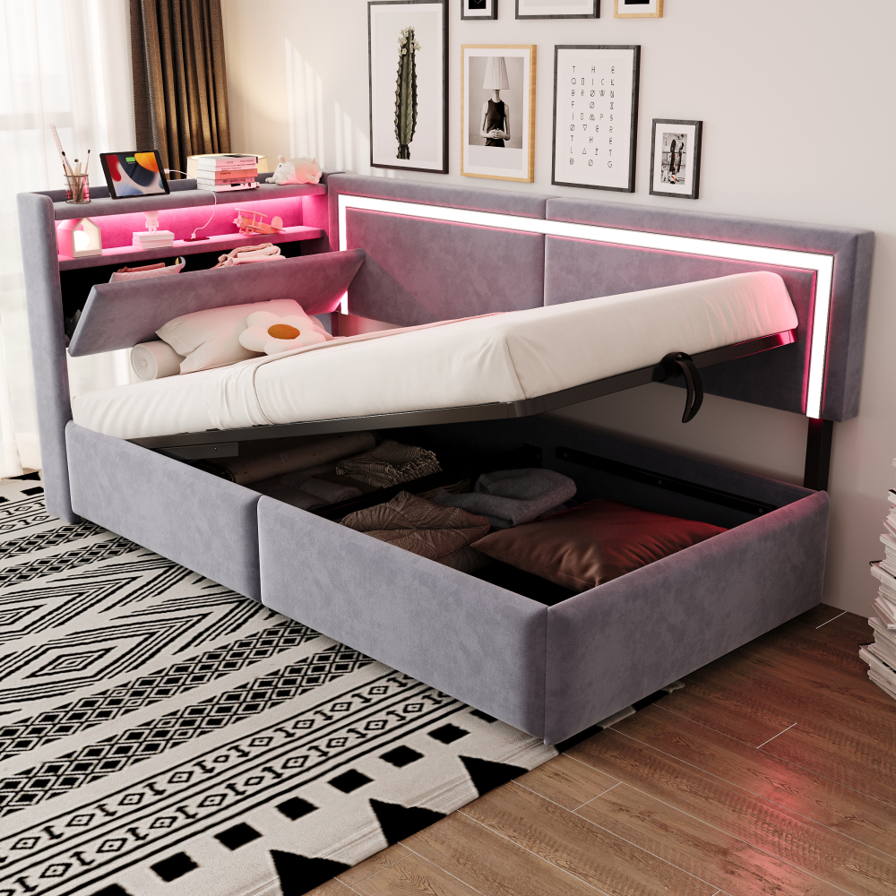 Sofá cama 90x200 cm con canapé hidráulico, LED y usb terciopelo gris claro