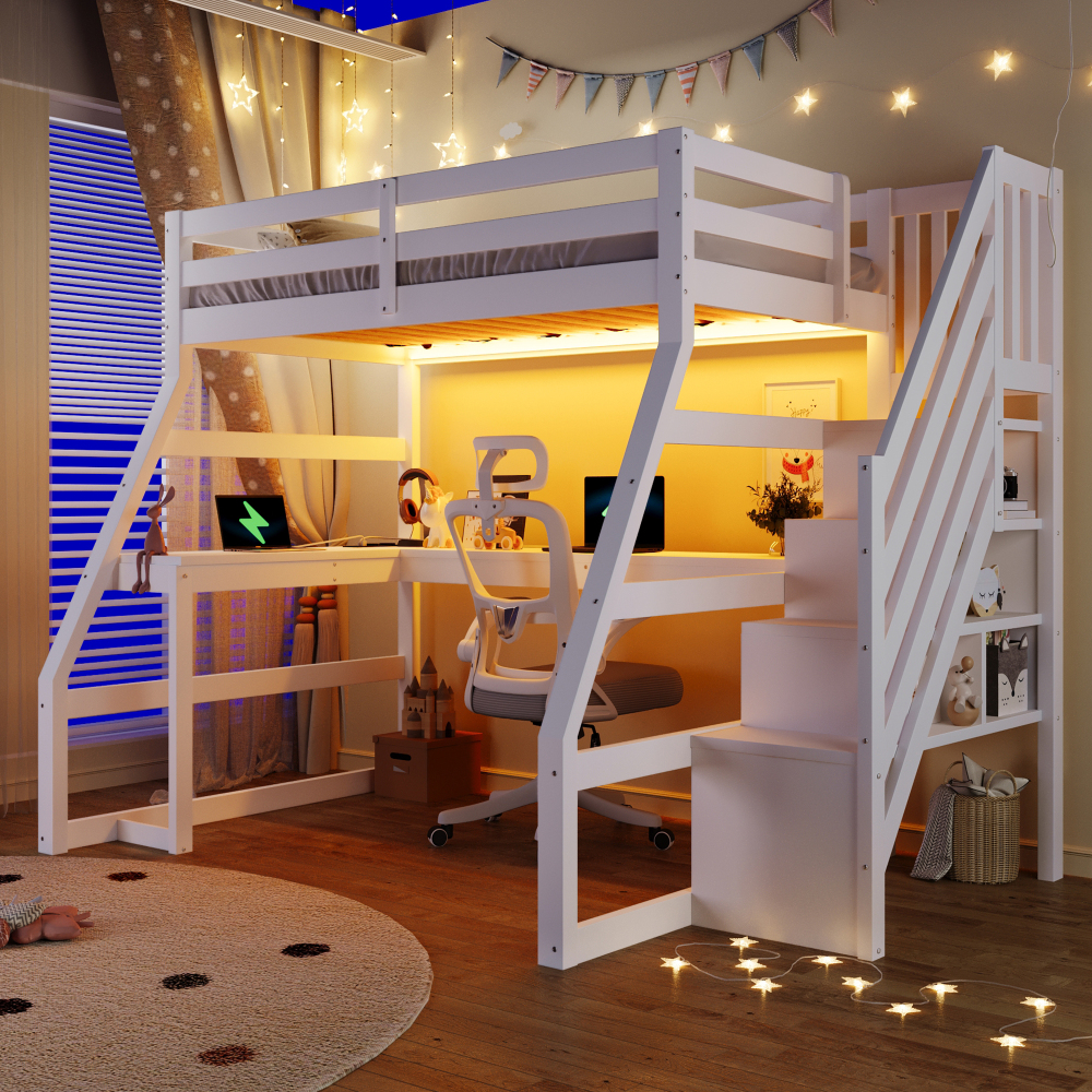 Cama alta 90x200cm con escritorio, luz y escalera almacenaje madera blanco
