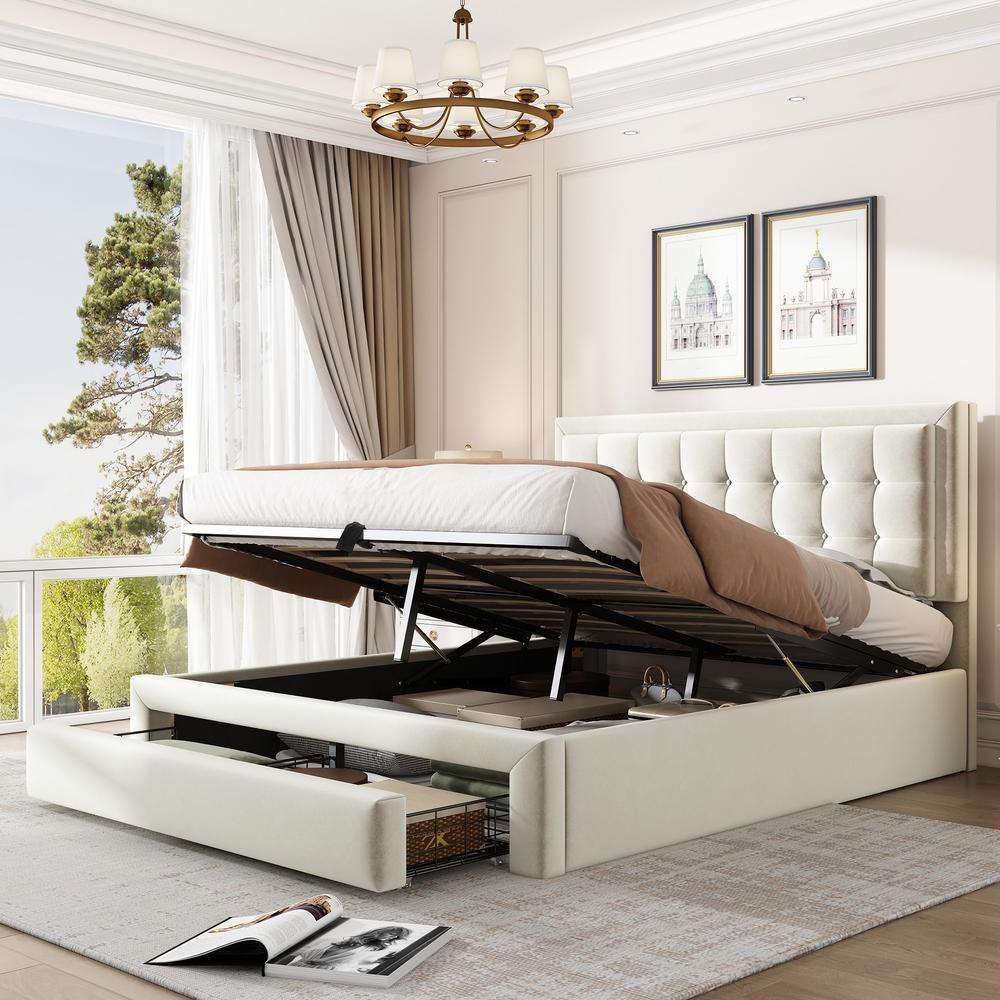 Cama baúl 140x190cm con cabecero ajustable, hidráulico y cajones,beige