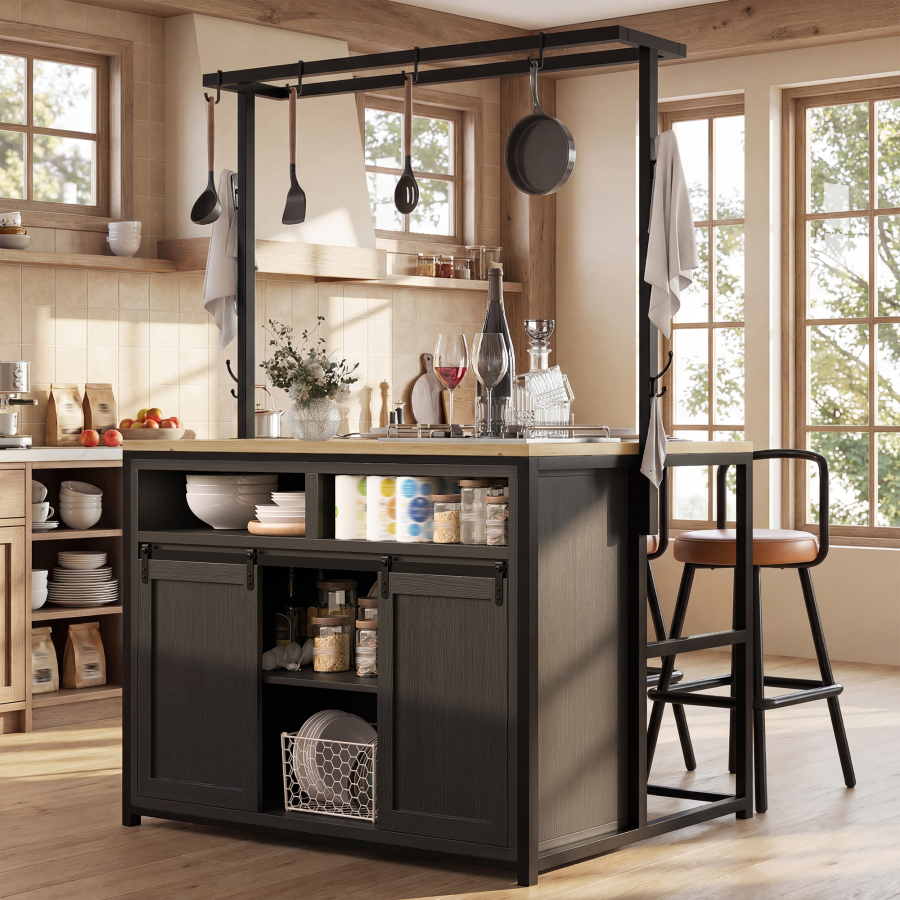 Isla de cocina con encimera y estantes negro 183x107x62cm