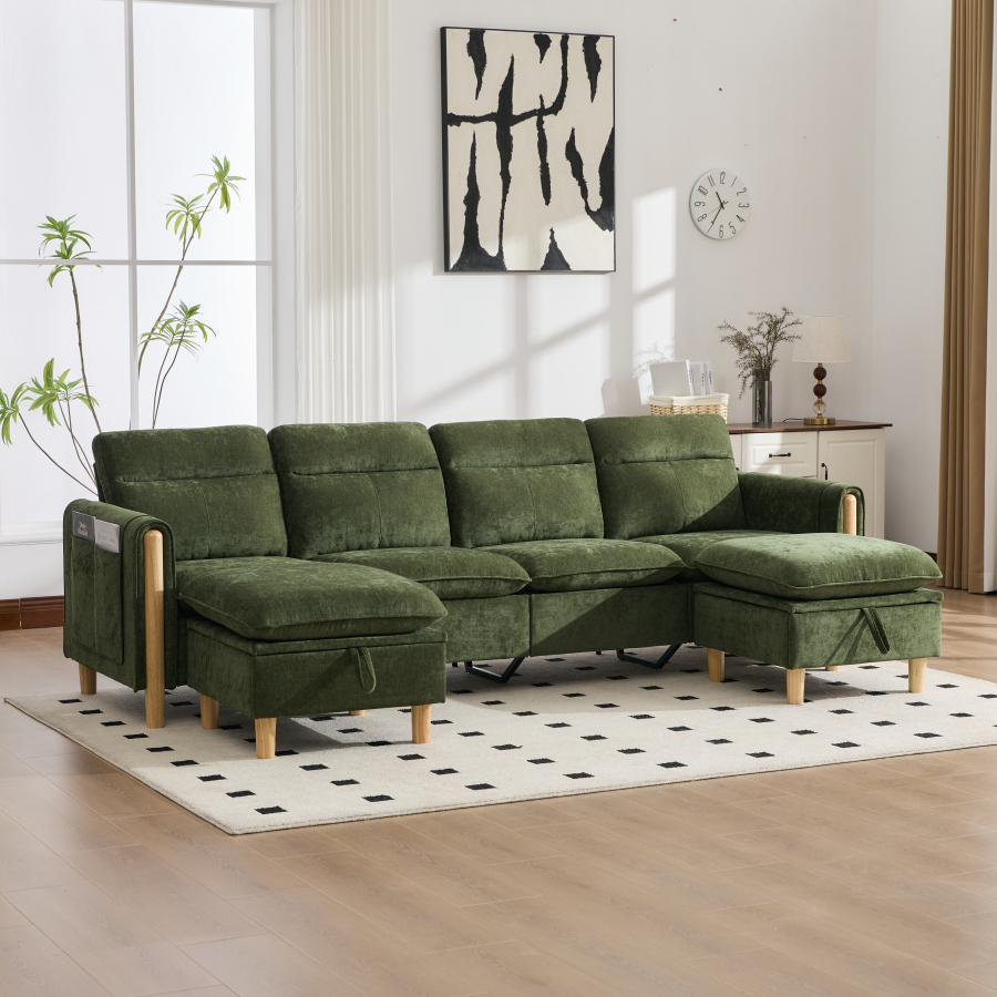Sofá en u modular de chenilla verde 4 plazas con 2 otomanas y almacenaje