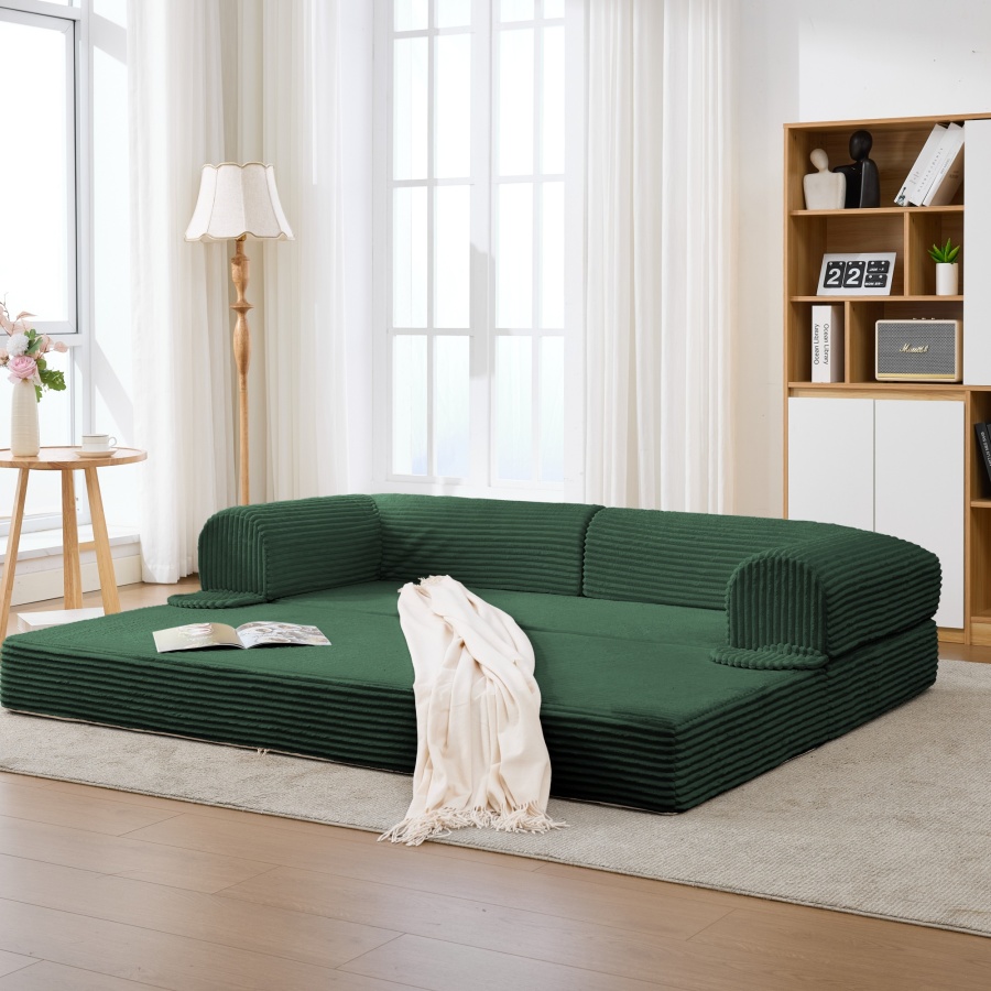 Sofá cama 2 plazas tapizado verde plegable para salón y invitados