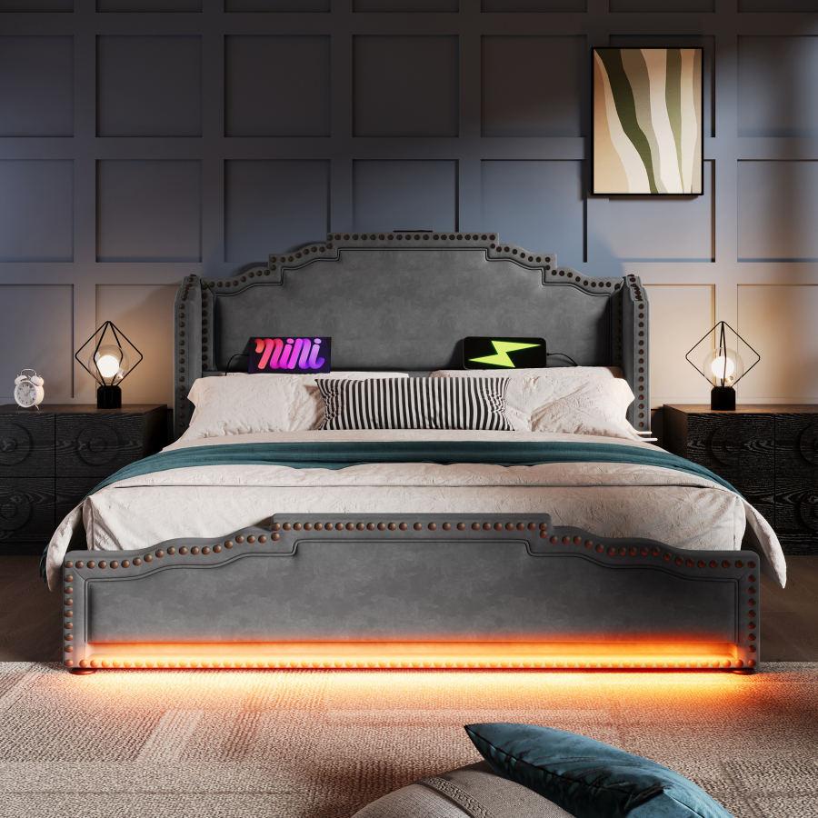 Cama tapizada 180x200 cm con 4 cajones, LED y usb c terciopelo – gris