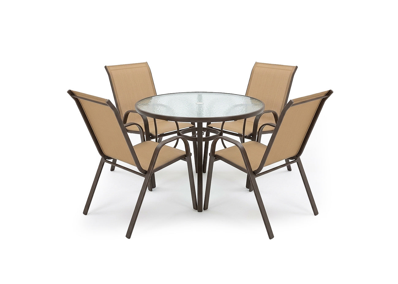 Mesa redonda de cristal templado + 4 sillas. Muebles de jardin y terraza,