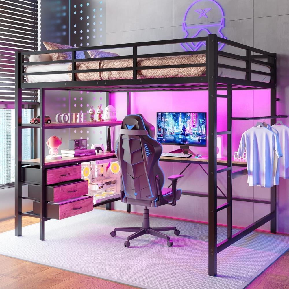 Cama alta 140x200cm con LED, escritorio, usb, 3 cajones, negro