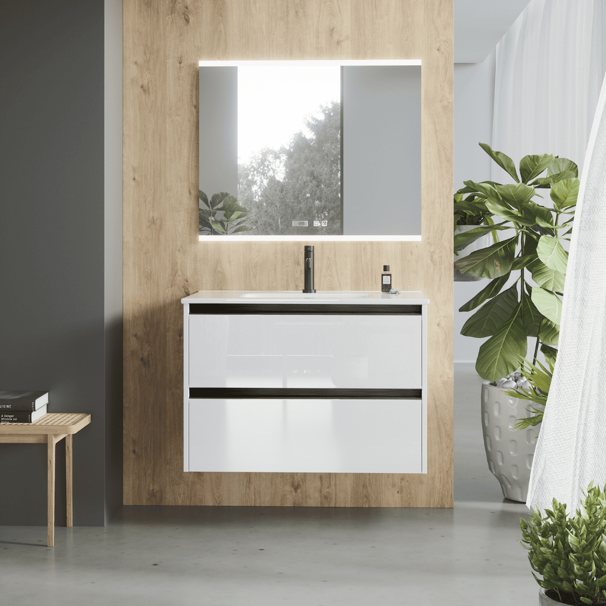 Mueble de baño con lavabo cerámico| 2 cajones | 60 cm blanco tirador negro