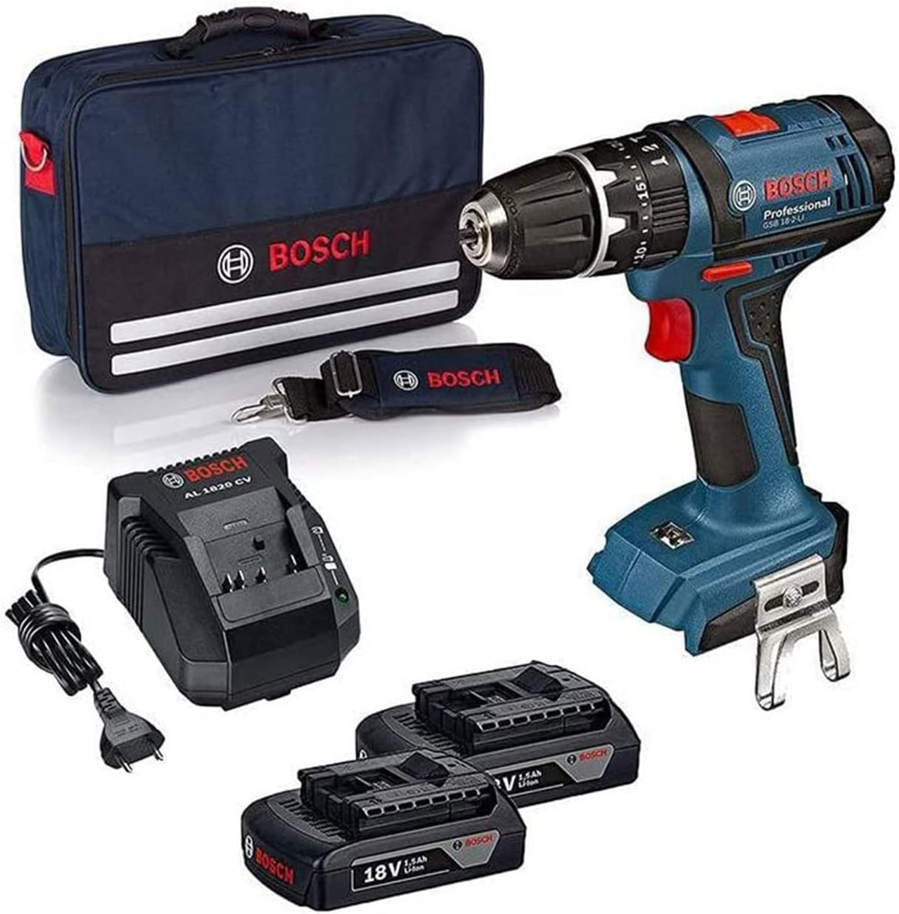 Taladro con percusión bosch gsb18-2-li con baterías, cargador y bolsa