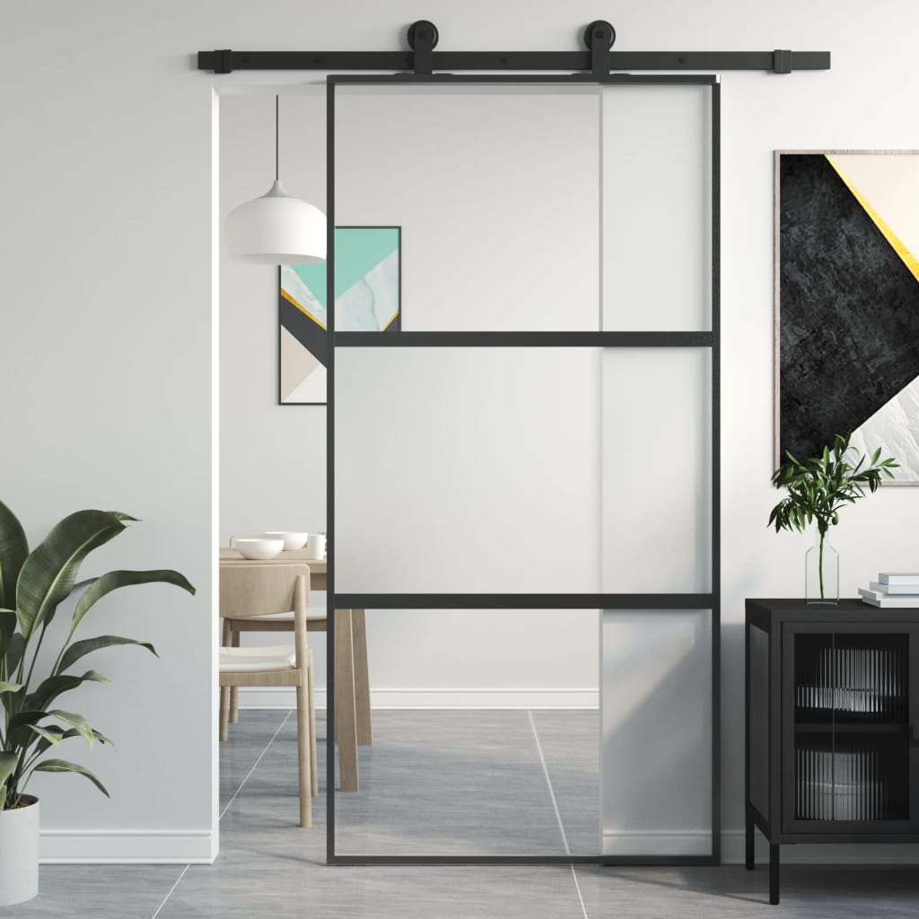 Puerta corredera vidrio templado y aluminio negra 102,5x205 cm esxt3560