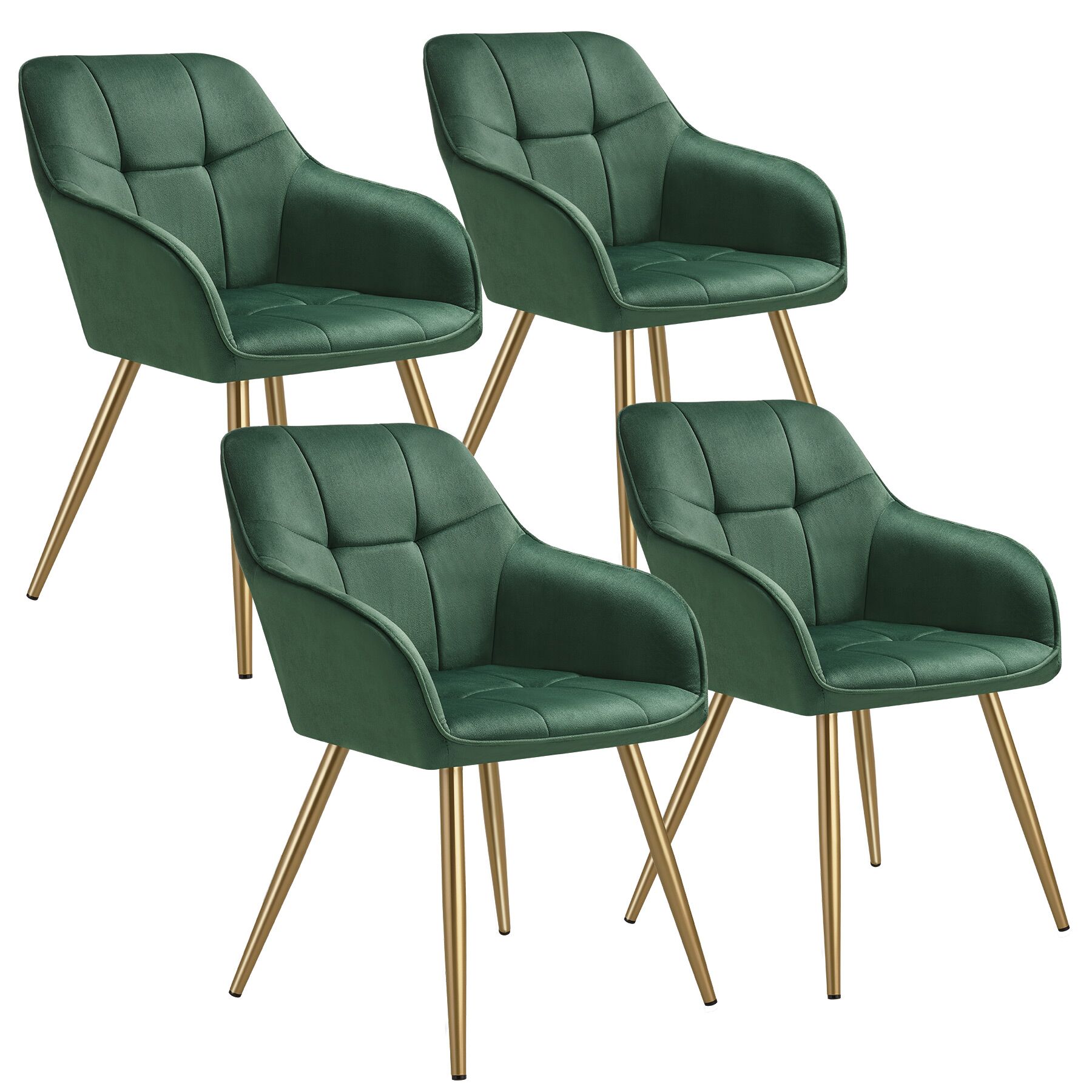 4 sillas de comedor, aterciopeladas, 58 x 62 x 82 cm, verde oscuro/oro