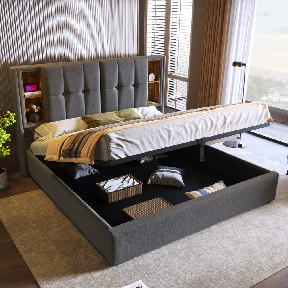 Cama tapizada 180x200cm con canapé hidráulico, usb-c algodón – gris
