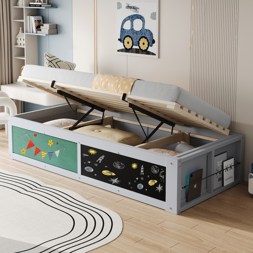 Cama individual 90x200cm con canapé hidráulico y estantería madera – gris