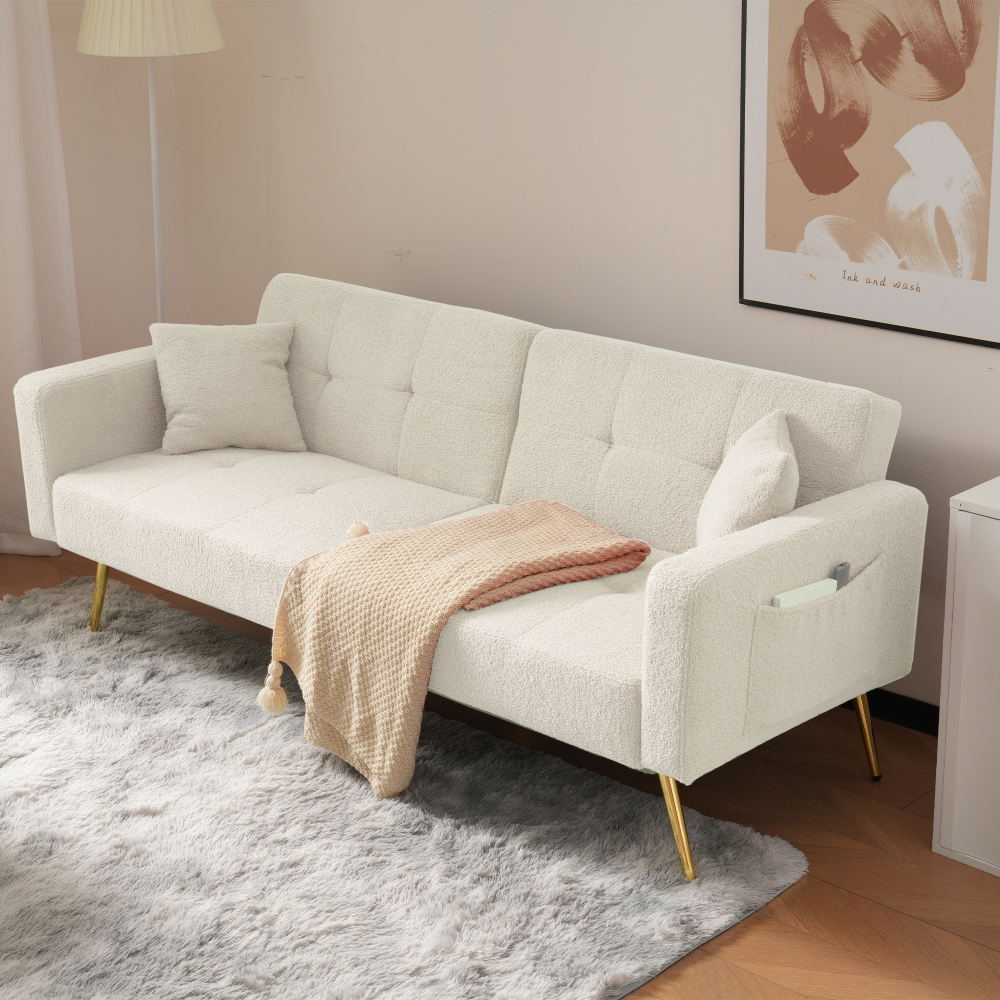 Sofá cama plegable tela sherpa blanco antiguo 2 plazas bolsillos laterales