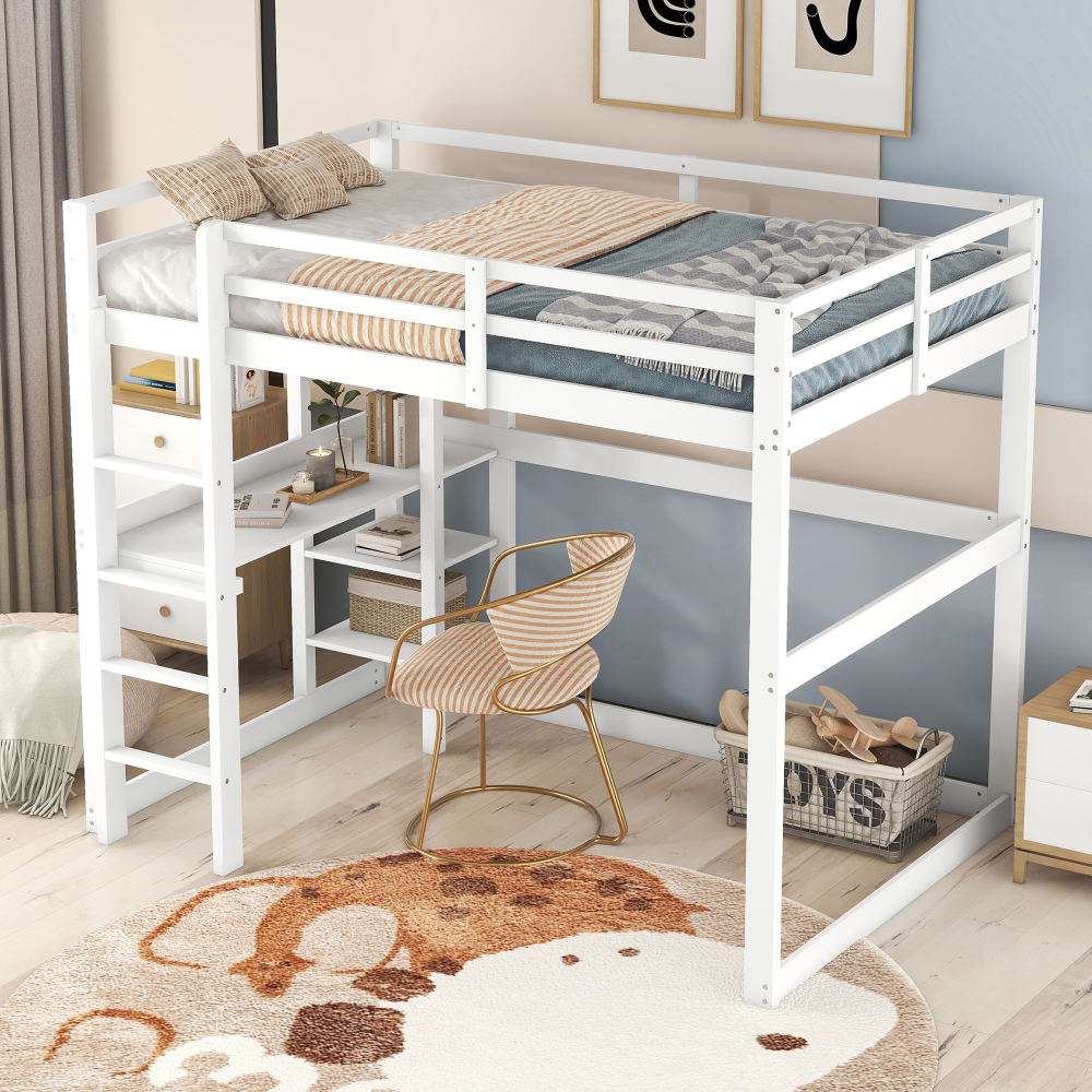 Litera 140x200cm con escritorio y 4 estantes pino y mdf – blanco