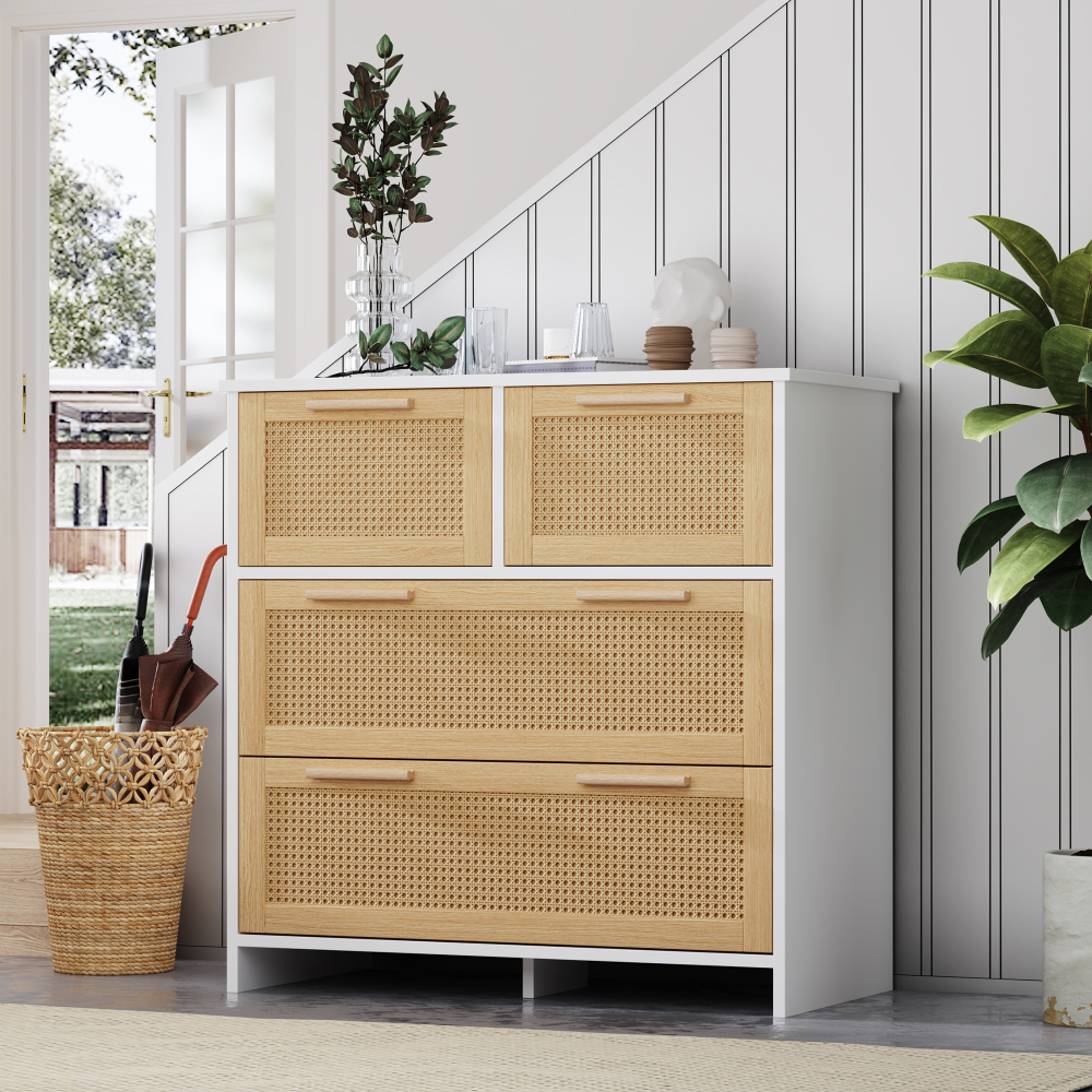 Cajonera con 4 cajones de ratán natural y blanco 80x80x38cm