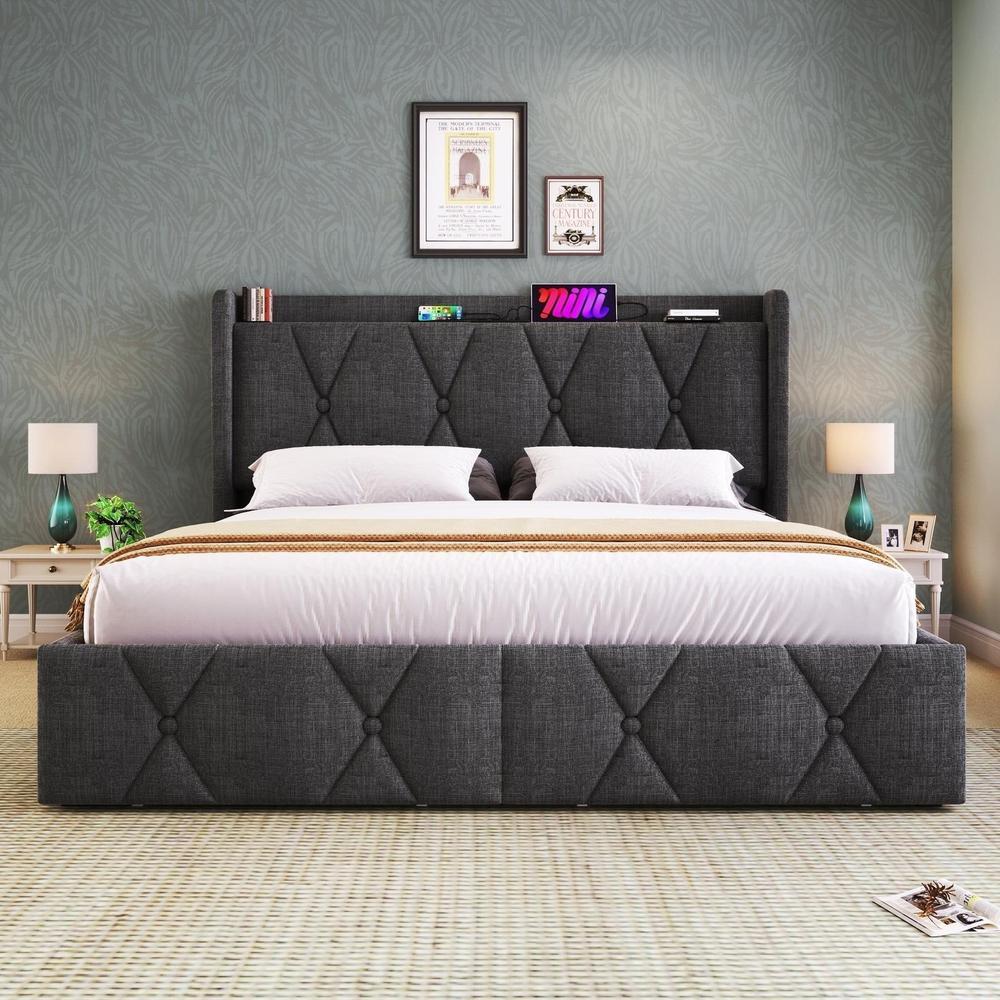 Cama 140x200 cm con colchón, 4 cajones, usb, cabecero tapizado, gris
