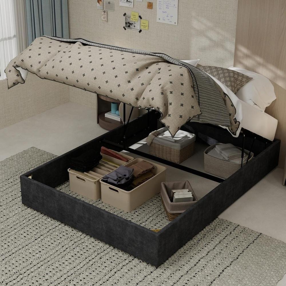 Cama 140x200 cm velour holandés elevación neumática sin cabecero gris