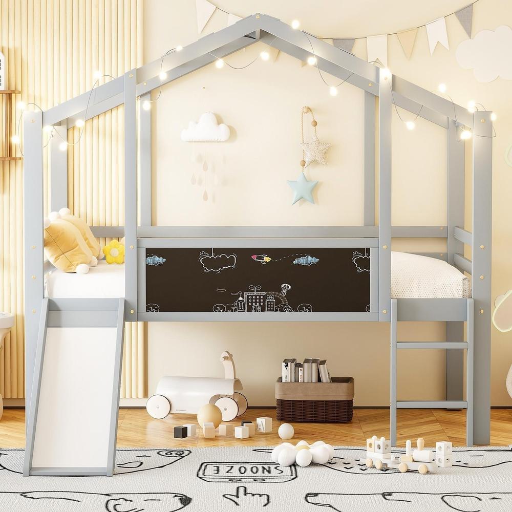 Cama litera infantil 90x200cm madera con tobogán y pizarra gris