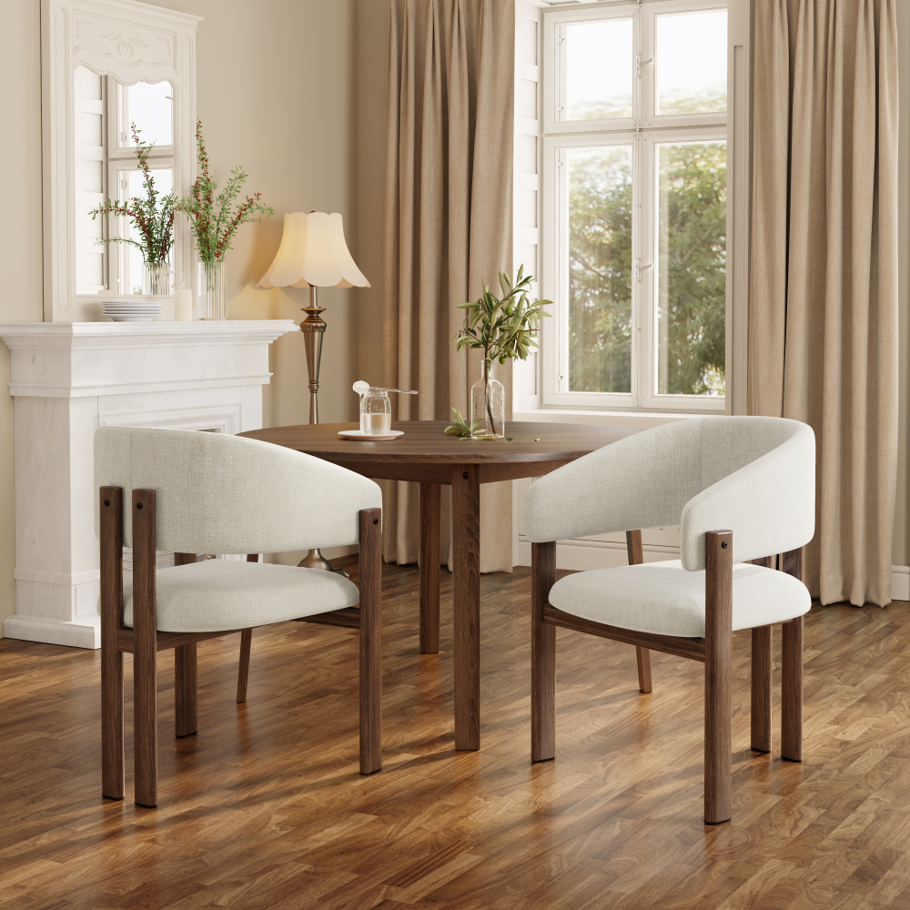 Conjunto de sillas de comedor lino beige set de 2 con brazos acabado nogal