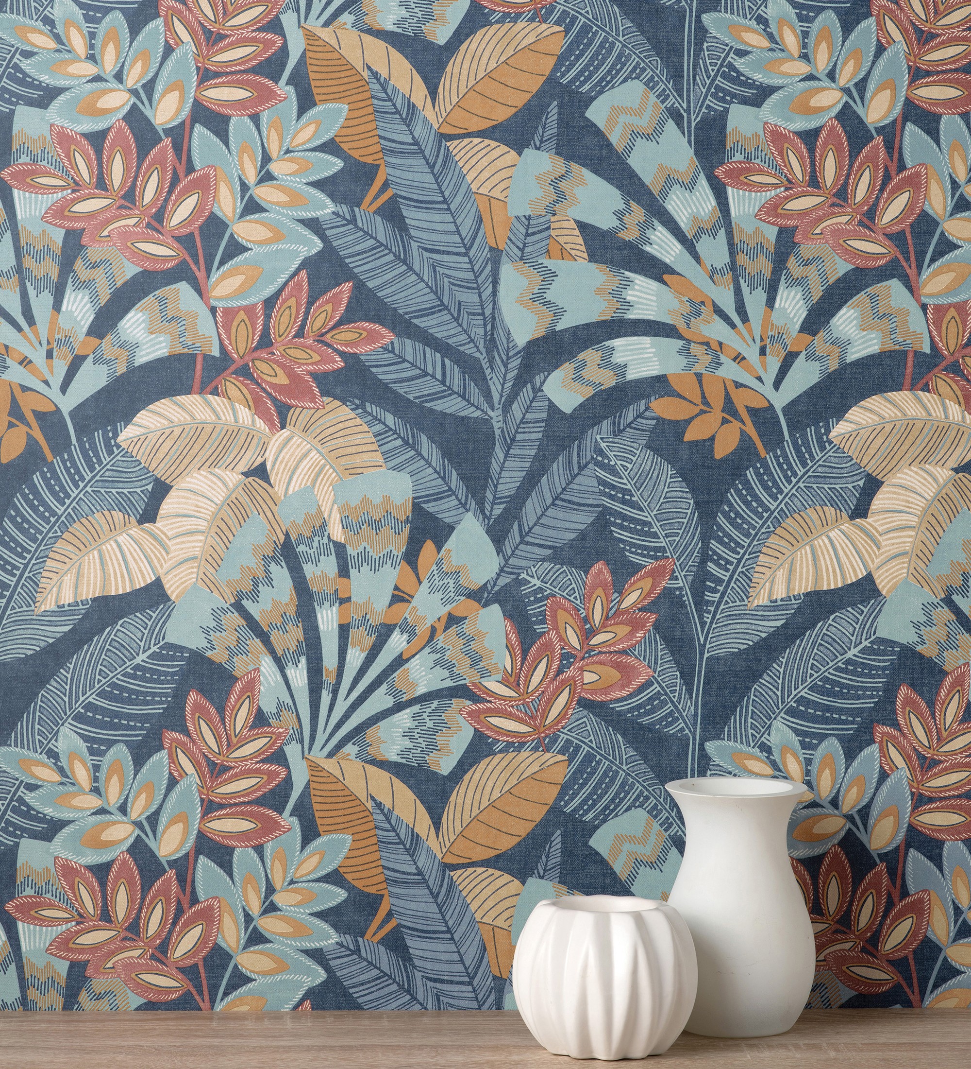 Papel pintado gaulan de hojas étnicas azul con texturas estilo 5.23m²