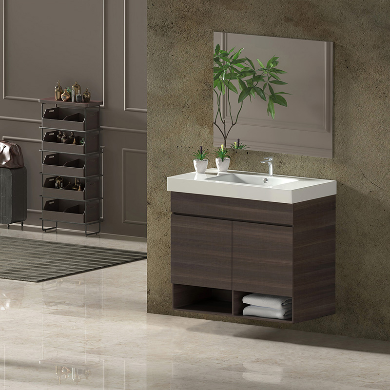 Mueble de baño nebari, lavabo y espejo 100x40cm con cajón fresno tea