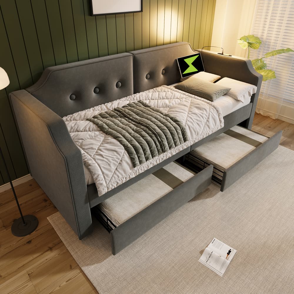Sofá cama 90x200 cm con usb tipo c, luz y 2 cajones terciopelo – color gris