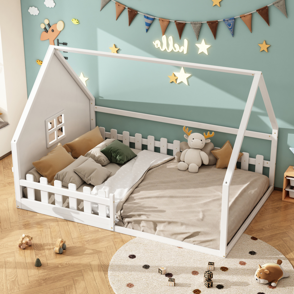 Cama montessori 140x200cm con barandilla pino y mdf – blanco