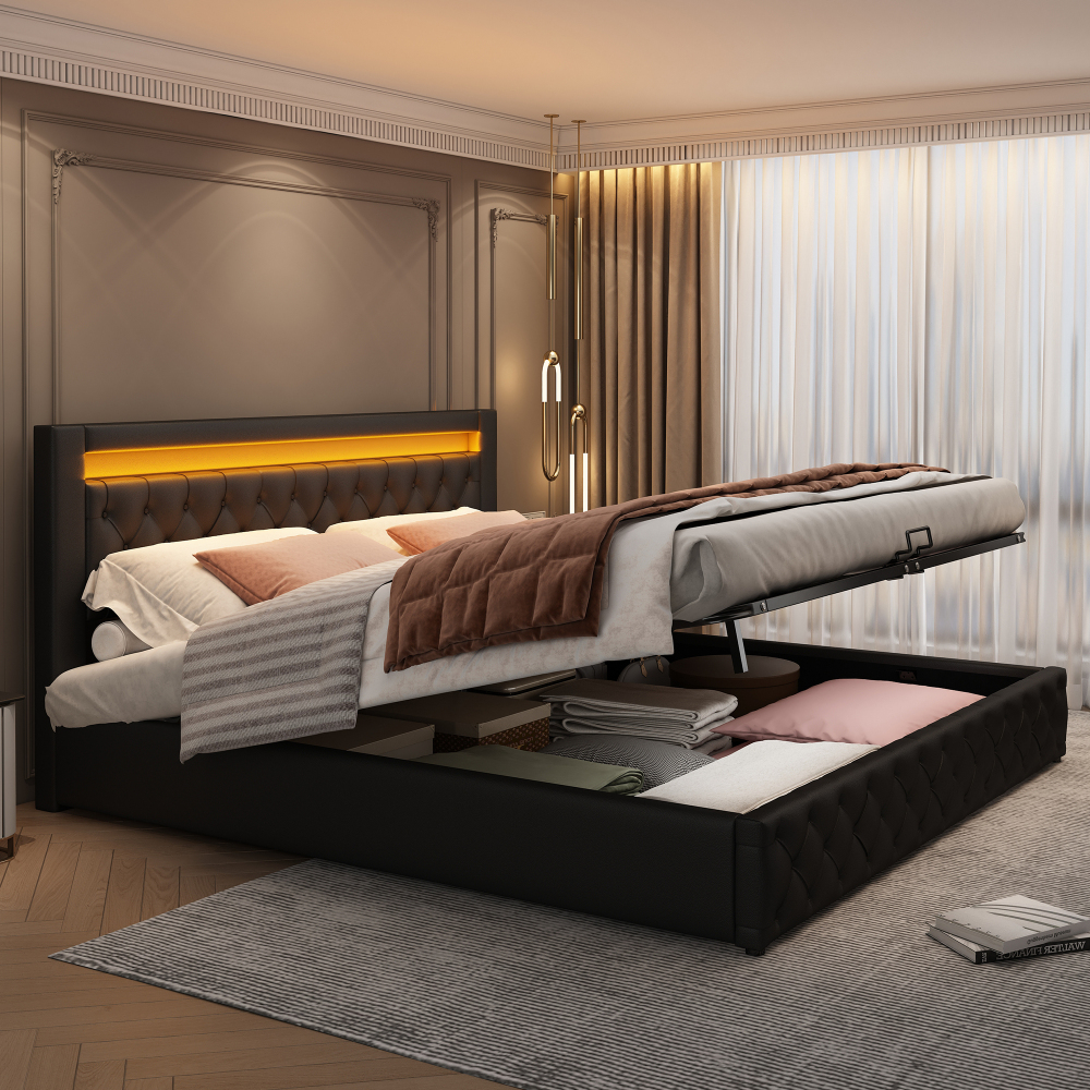 Cama doble tapizada 180x200cm con canapé hidráulico y LED pu – negro