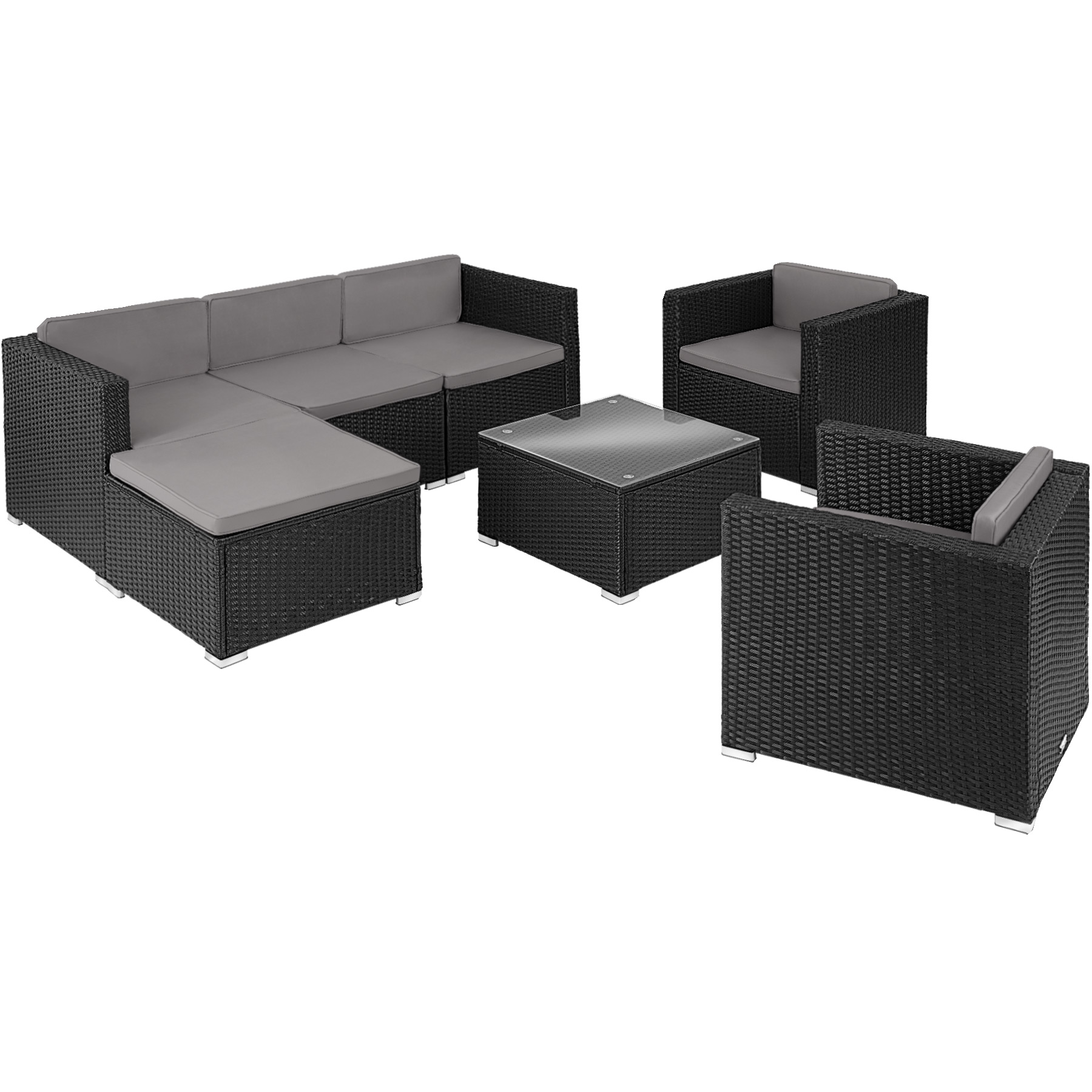 Conjunto de ratán con 2 sillones y tablero de vidrio, negro