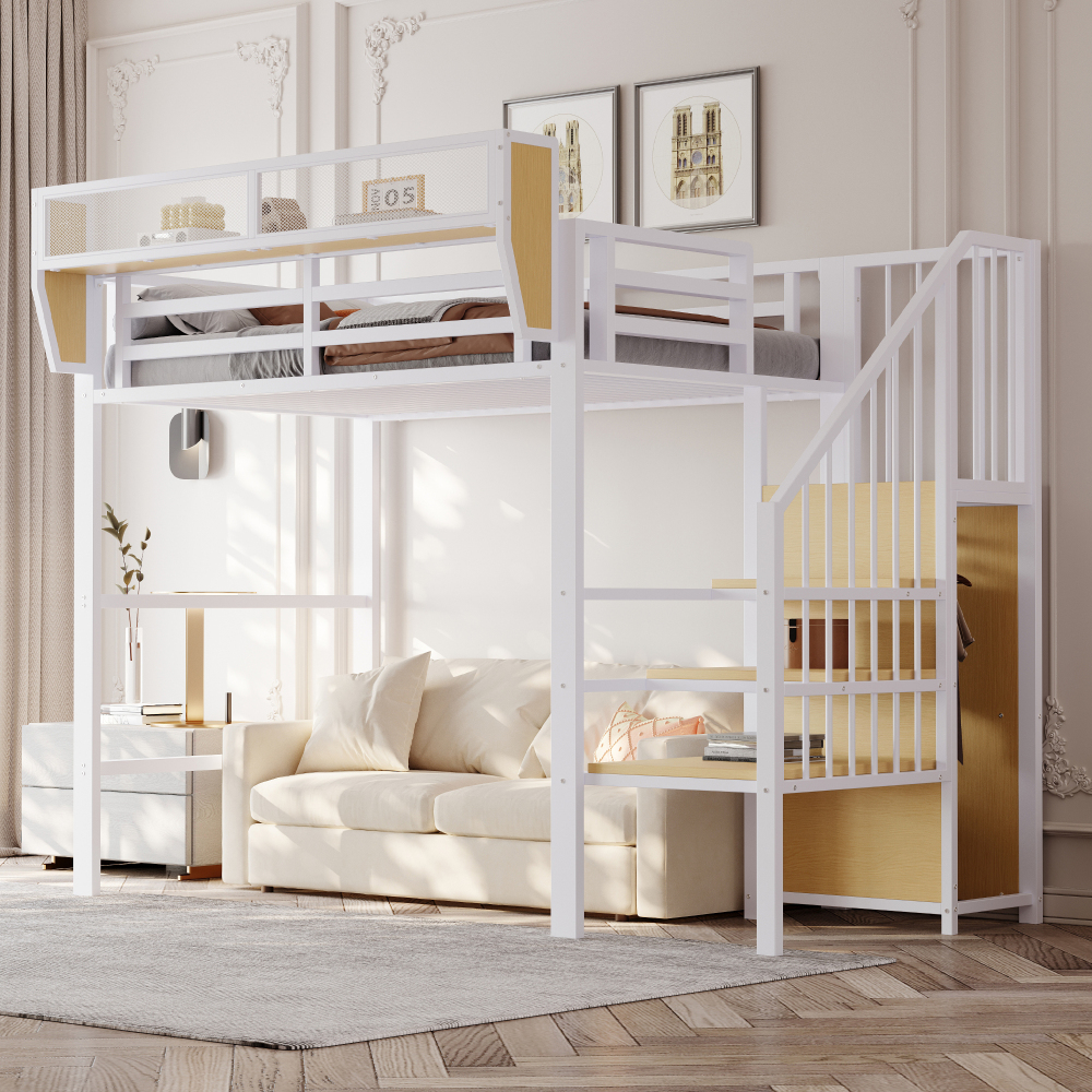 Cama alta 90x200cm con compartimentos y armario metal – blanco