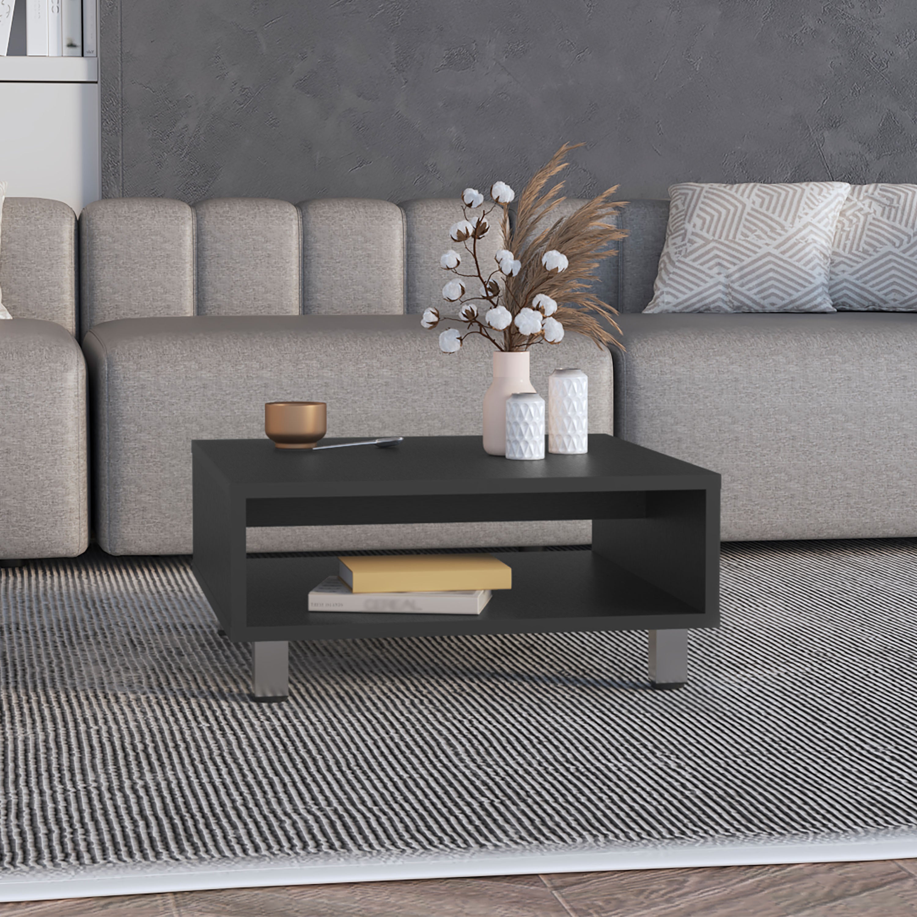 Mesa de centro eclipse en melamina con estantes inferior y 4 patas , negro