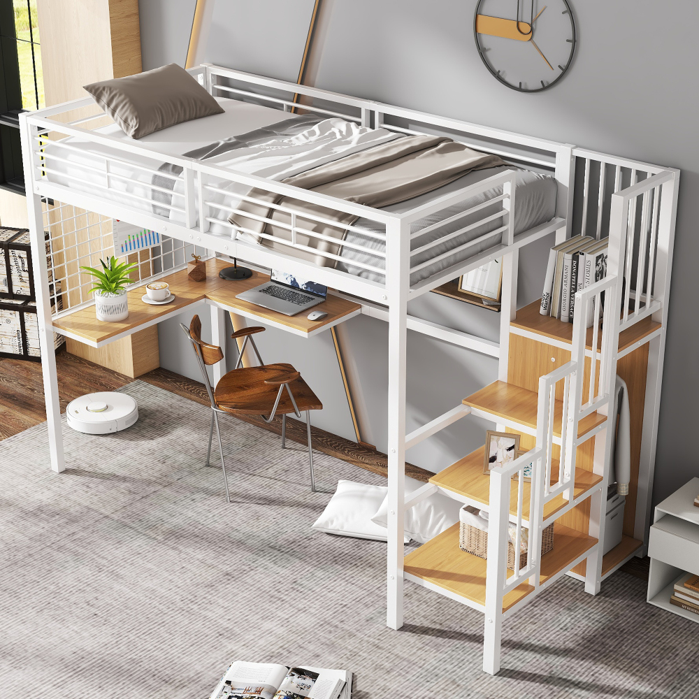Cama alta juvenil 90x200cm escritorio y armario mdf+metal blanco+natural